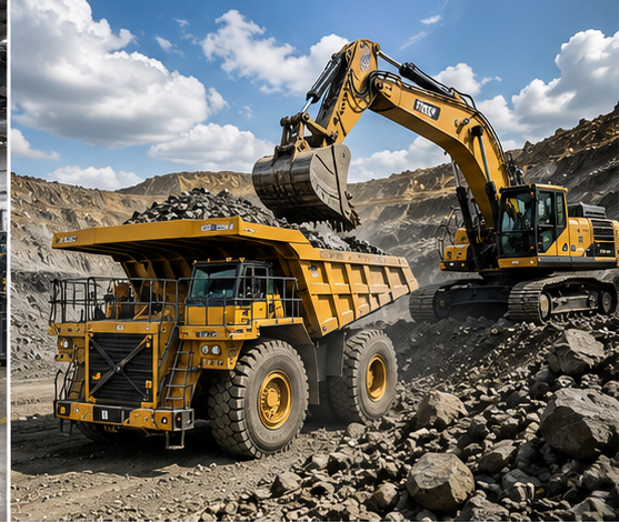 Heavy mining dump truck and excavator operating in a quarry
