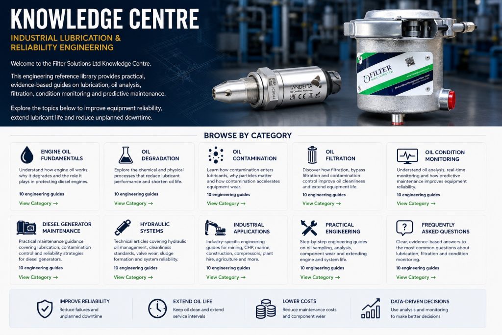 Knowledge Centre homepage banner for Filter Solutions Ltd featuring industrial lubrication engineering topics, an OCM Oil Condition Management Filter and a Tan Delta Oil Condition Monitoring sensor.